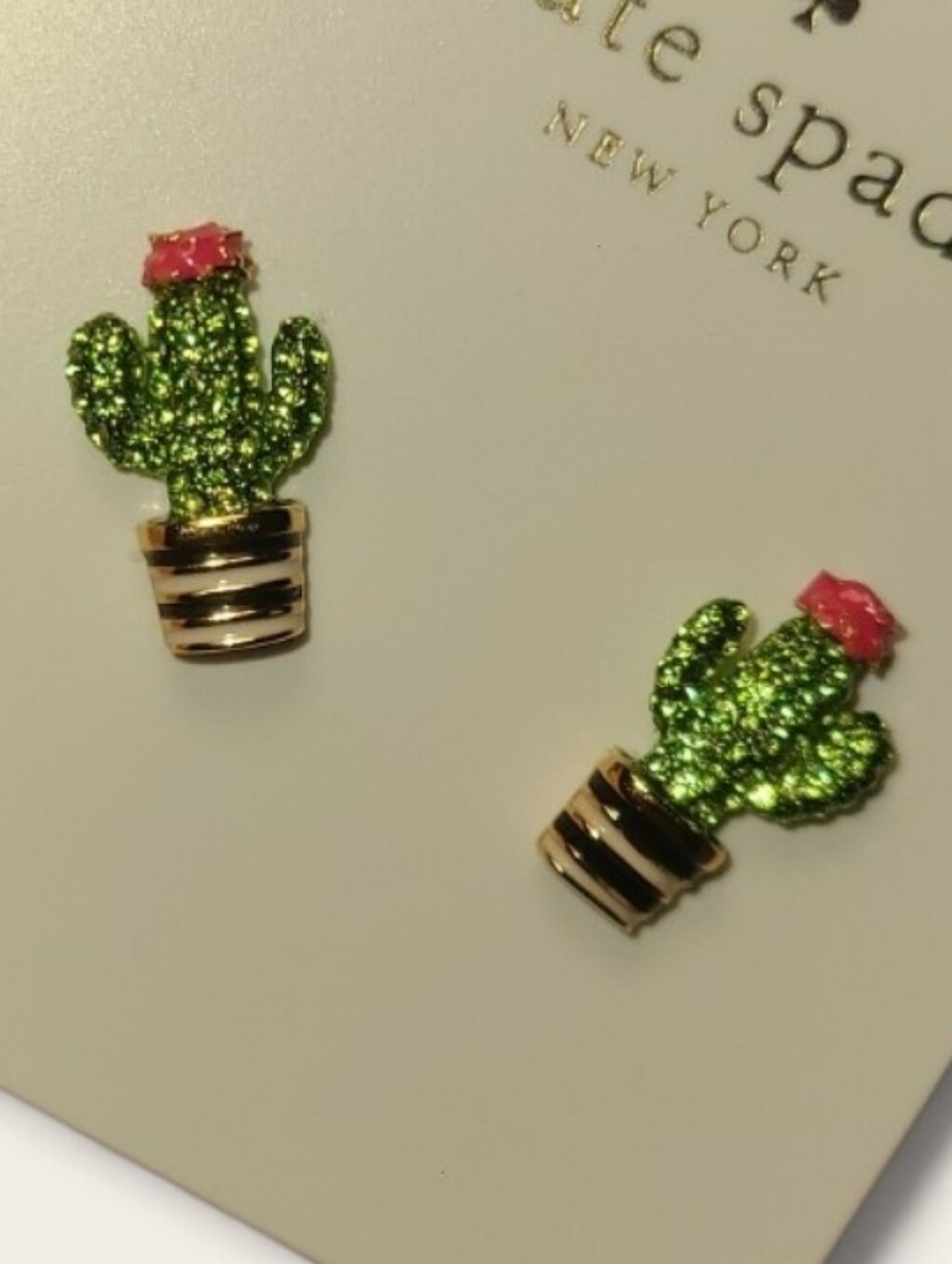 Kate Spade Green Glitter Cactus Stud Earrings with Pink Flower